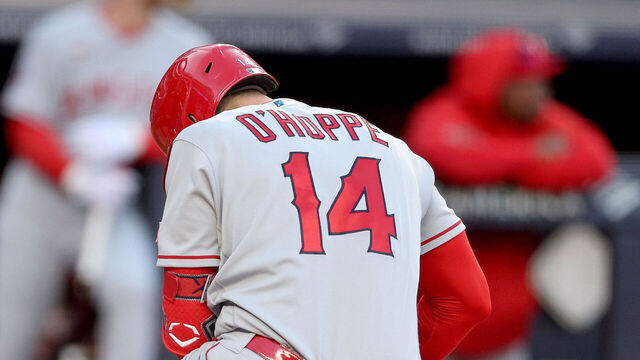 NEW YORK, NEW YORK - APRIL 20: Logan O'Hoppe #14 of the Los Angeles Angels falls injured as he is at home plate during his at bat in the ninth inning against the New York Yankees at Yankee Stadium on April 20, 2023 in the Bronx borough of New York City. The New York Yankees defeated the Los Angeles Angels 9-3.