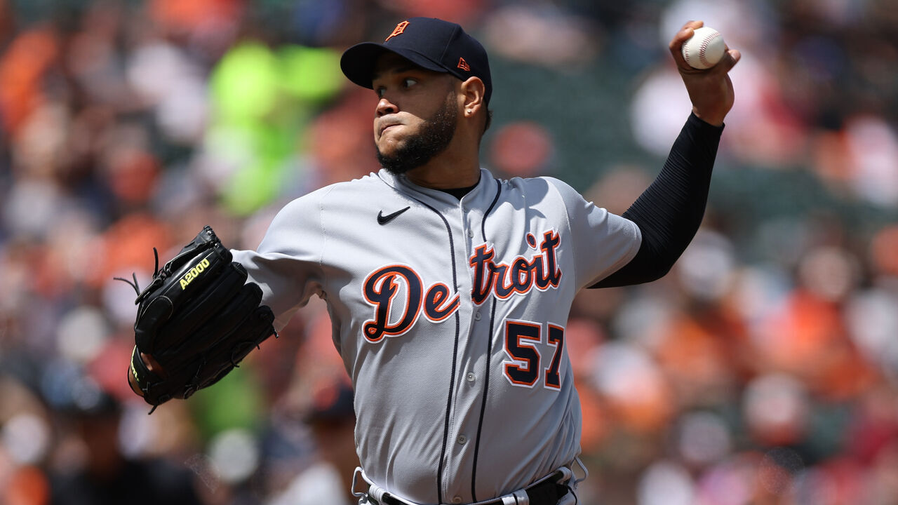 BALTIMORE, MARYLAND - APRIL 23: Starting pitcher Eduardo Rodriguez #57 of the Detroit Tigers works the first inning against the Baltimore Orioles at Oriole Park at Camden Yards on April 23, 2023 in Baltimore, Maryland.