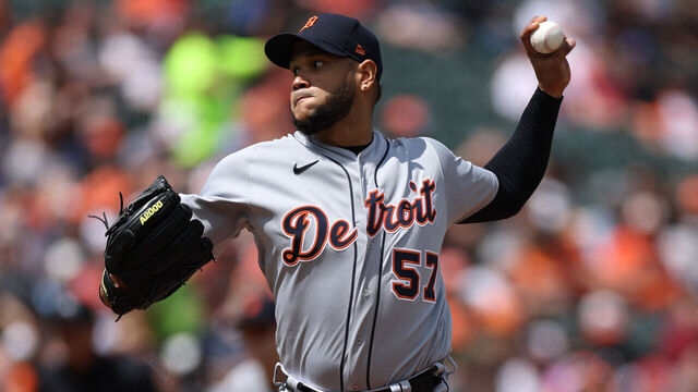 BALTIMORE, MARYLAND - APRIL 23: Starting pitcher Eduardo Rodriguez #57 of the Detroit Tigers works the first inning against the Baltimore Orioles at Oriole Park at Camden Yards on April 23, 2023 in Baltimore, Maryland.