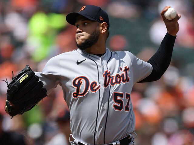BALTIMORE, MARYLAND - APRIL 23: Starting pitcher Eduardo Rodriguez #57 of the Detroit Tigers works the first inning against the Baltimore Orioles at Oriole Park at Camden Yards on April 23, 2023 in Baltimore, Maryland.
