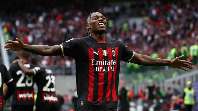 MILAN, ITALY - APRIL 23: Rafael Leao of AC Milan celebrates after scoring the team's first goal during the Serie A match between AC Milan and US Lecce at Stadio Giuseppe Meazza on April 23, 2023 in Milan, Italy.