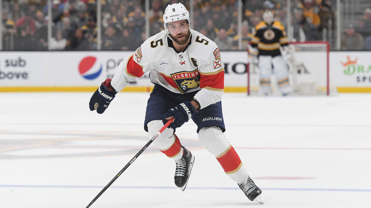 BOSTON, MASSACHUSETTS APRIL 17: Aaron Ekblad #5 the Florida Panthers skates against there Boston Bruins in Game One of the First Round of the 2023 Stanley Cup Playoffs at TD Garden on April 17, 2023, in Boston, Massachusetts