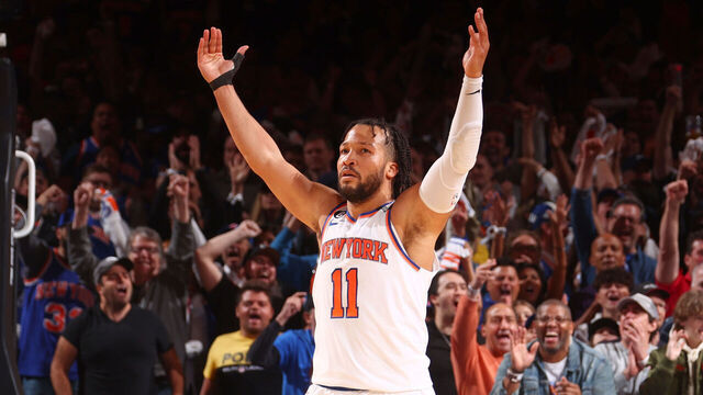 NEW YORK, NY - APRIL 23: Jalen Brunson #11 of the New York Knicks celebrates during Round 1 Game 4 of the 2023 NBA Playoffs on April 23, 2023 at Madison Square Garden in New York City, New York. Mandatory Copyright Notice: Copyright 2023 NBAE