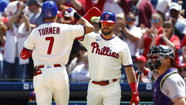 PHILADELPHIA, PA - APRIL 23: Trea Turner #7 of the Philadelphia Phillies is congratulated by Kyle Schwarber #12 after hitting a home run against the Colorado Rockies during the first inning of a game at Citizens Bank Park on April 23, 2023 in Philadelphia, Pennsylvania.