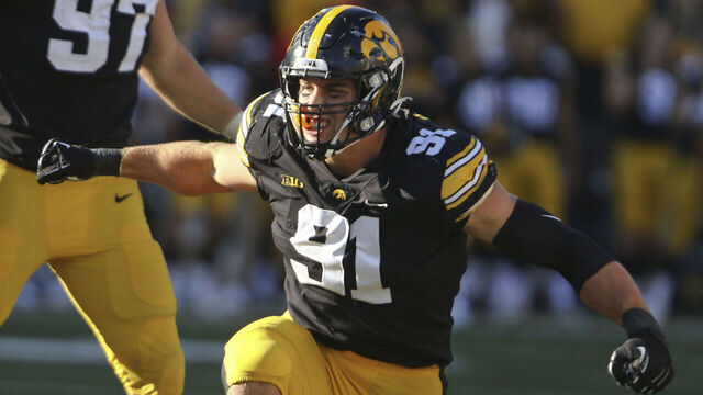 IOWA CITY, IOWA- SEPTEMBER 25: Defensive lineman Lukas Van Ness #91 of the Iowa Hawkeyes celebrates a sack during the second half over quarterback Todd Centeio #7 of the Colorado State Rams at Kinnick Stadium on September 25, 2021 in Iowa City, Iowa.