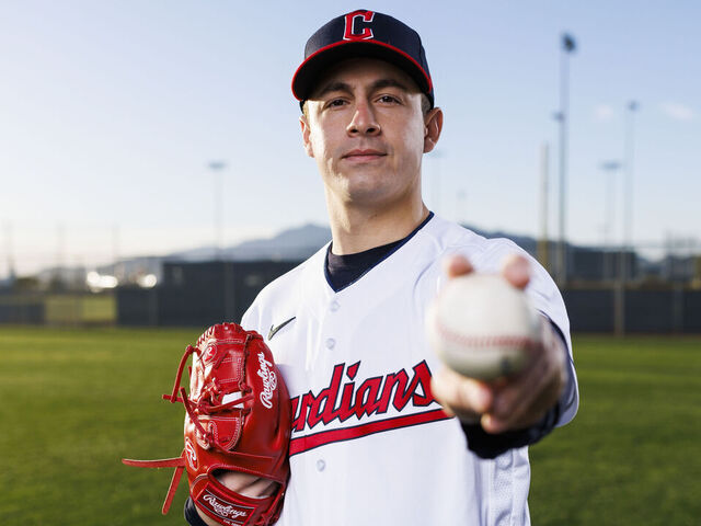 GOODYEAR, AZ - FEBRUARY 23: Pitcher Logan Allen (53) poses for a portrait during the Cleveland Guardians photo day on February 23, 2023 at Goodyear Ballpark in Goodyear, AZ.