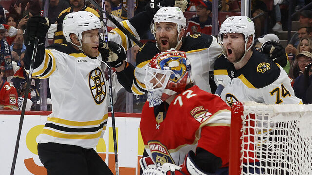 SUNRISE, FLORIDA - APRIL 23: Jake DeBrusk #74 of the Boston Bruins celebrates his goal in the second period against the Florida Panthers in Game Four of the First Round of the 2023 Stanley Cup Playoffs at the FLA Live Arena on April 23, 2023 in Sunrise, Florida.