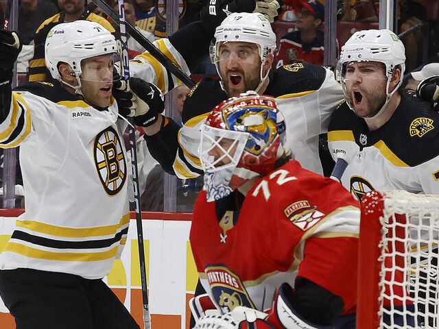 SUNRISE, FLORIDA - APRIL 23: Jake DeBrusk #74 of the Boston Bruins celebrates his goal in the second period against the Florida Panthers in Game Four of the First Round of the 2023 Stanley Cup Playoffs at the FLA Live Arena on April 23, 2023 in Sunrise, Florida.