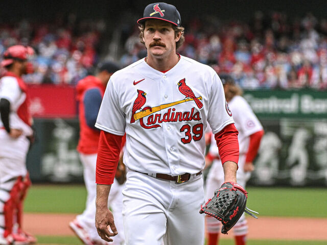 ST. LOUIS, MO - APRIL 16: St. Louis Cardinals starting pitcher Miles Mikolas (39) walks off the field after another quality start during a game between the Pittsburgh Pirates and the St. Louis Cardinals on Apr 16, 2022, at Busch Stadium in St. Louis MO