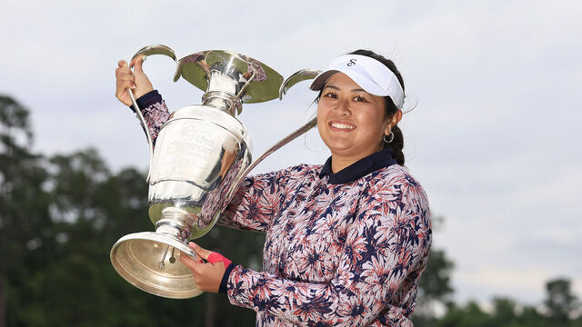 THE WOODLANDS, TEXAS - APRIL 23: Lilia Vu of the United States celebrates with the trophy after winning in a one-hole playoff during the final round of The Chevron Championship at The Club at Carlton Woods on April 23, 2023 in The Woodlands, Texas.