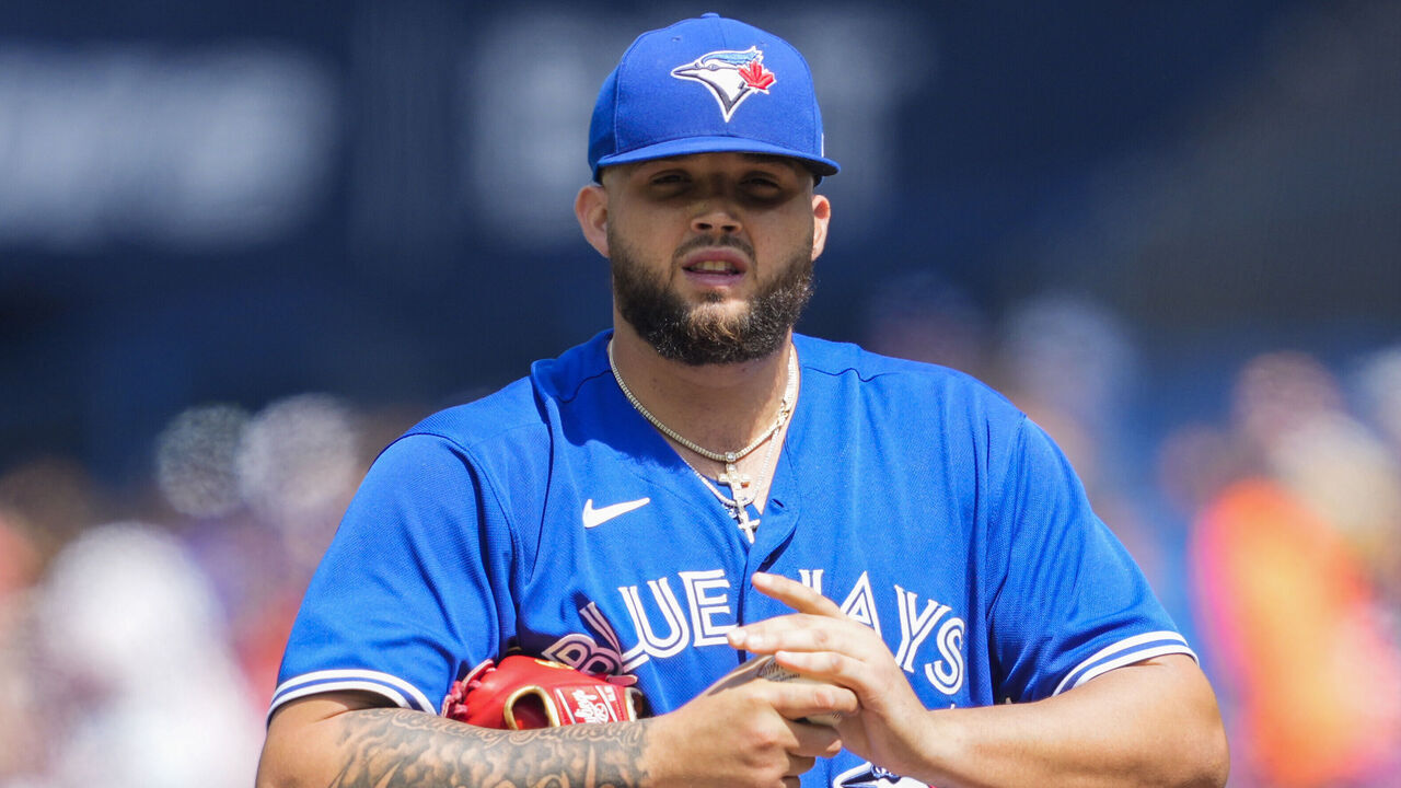 TORONTO, ON - APRIL 16: Alek Manoah #6 of the Toronto Blue Jays looks on agains the Tampa Bay Rays during the first inning in their MLB game at the Rogers Centre on April 16, 2023 in Toronto, Ontario, Canada.