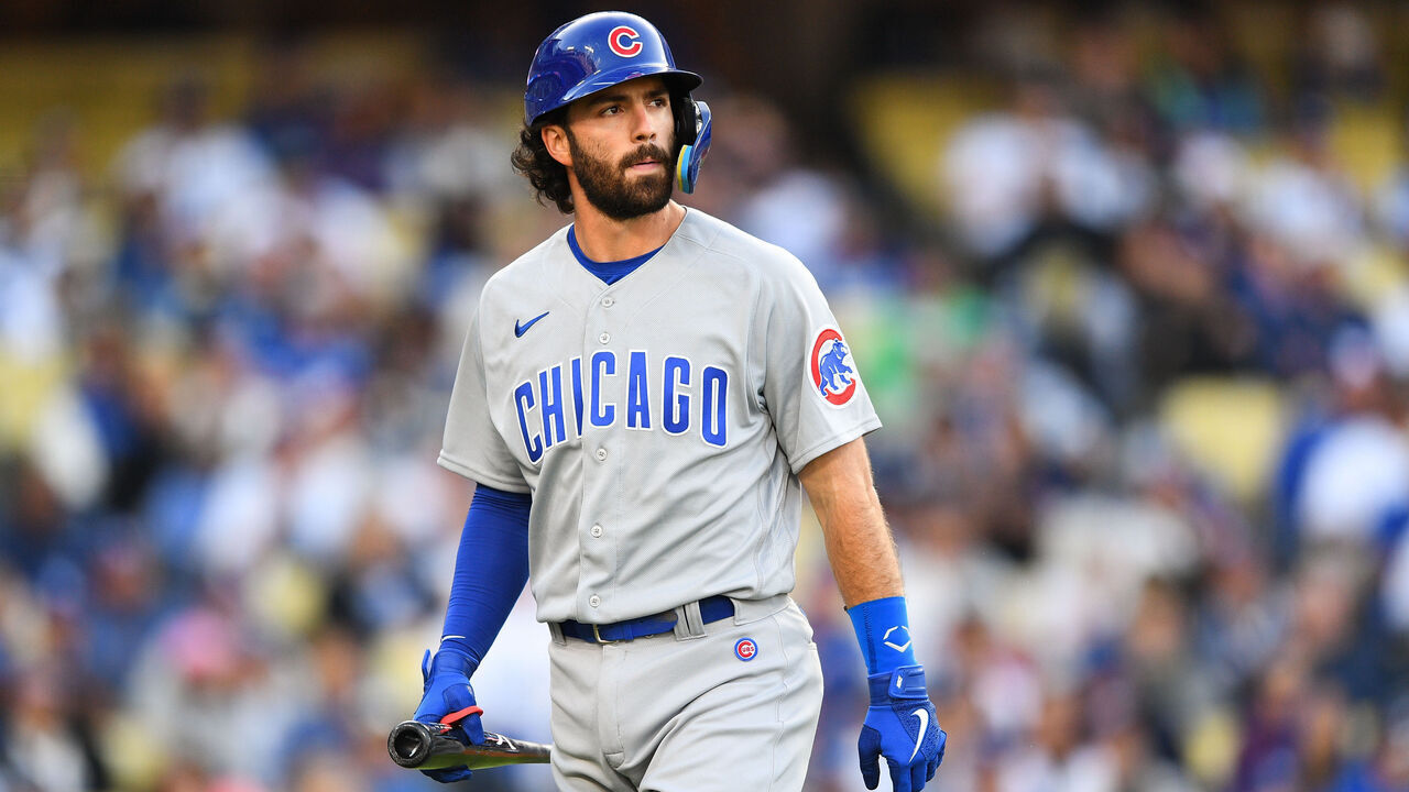 LOS ANGELES, CA - APRIL 15: Chicago Cubs shortstop Dansby Swanson (7) walks back to the dugout after striking out during the MLB game between the Chicago Cubs and the Los Angeles Dodgers on April 15, 2023 at Dodger Stadium in Los Angeles, CA.