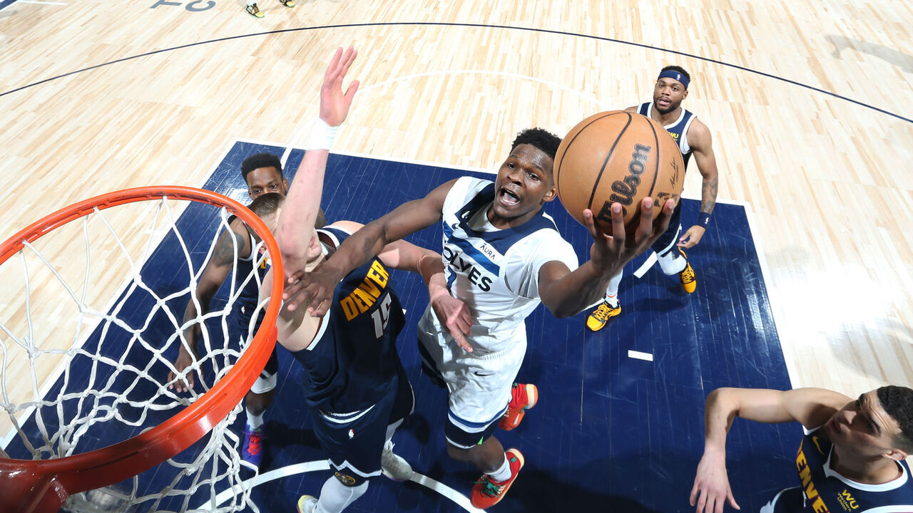 MINNEAPOLIS, MN - APRIL 23: Anthony Edwards #1 of the Minnesota Timberwolves drives to the basket during Round 1 Game 4 of the 2023 NBA Playoffs against the Denver Nuggets on April 23, 2023 at Target Center in Minneapolis, Minnesota. Mandatory Copyright Notice: Copyright 2023 NBAE