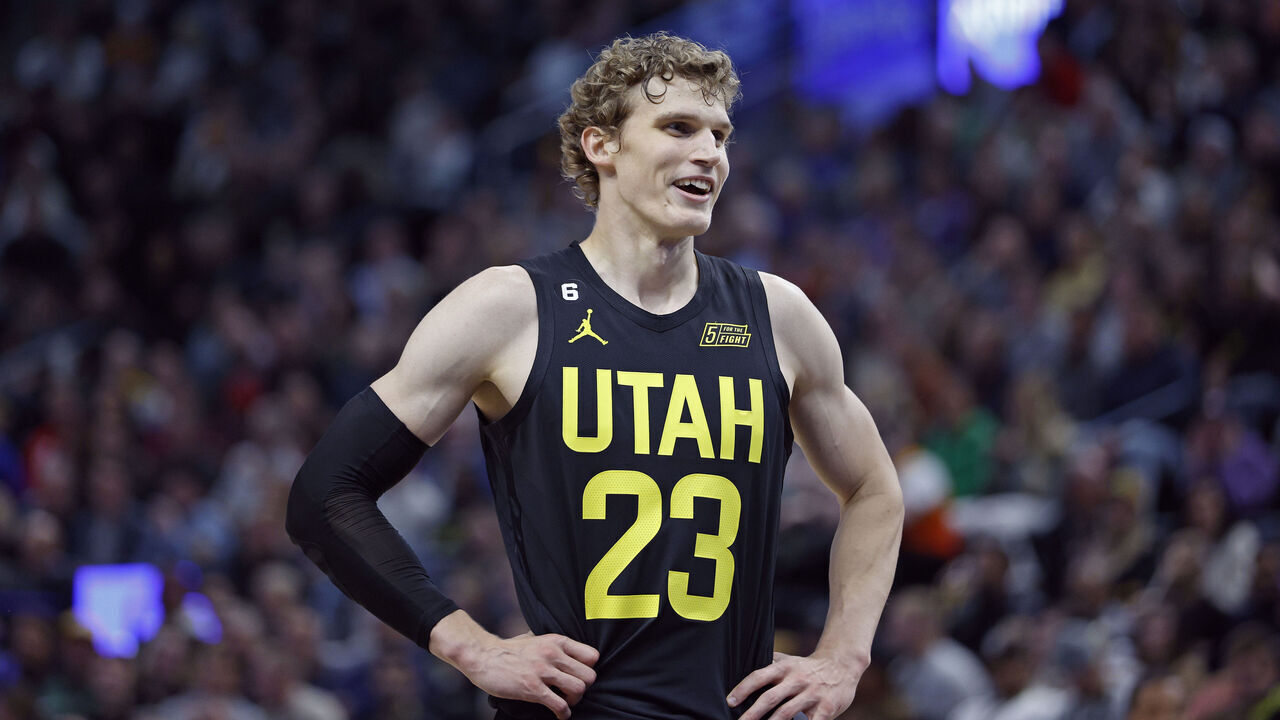 SALT LAKE CITY, UT - OCTOBER 26: Lauri Markkanen #23 of the Utah Jazz smiles against the Houston Rockets on October 26, 2022 at vivint.SmartHome Arena in Salt Lake City, Utah. Mandatory Copyright Notice: Copyright 2022 NBAE