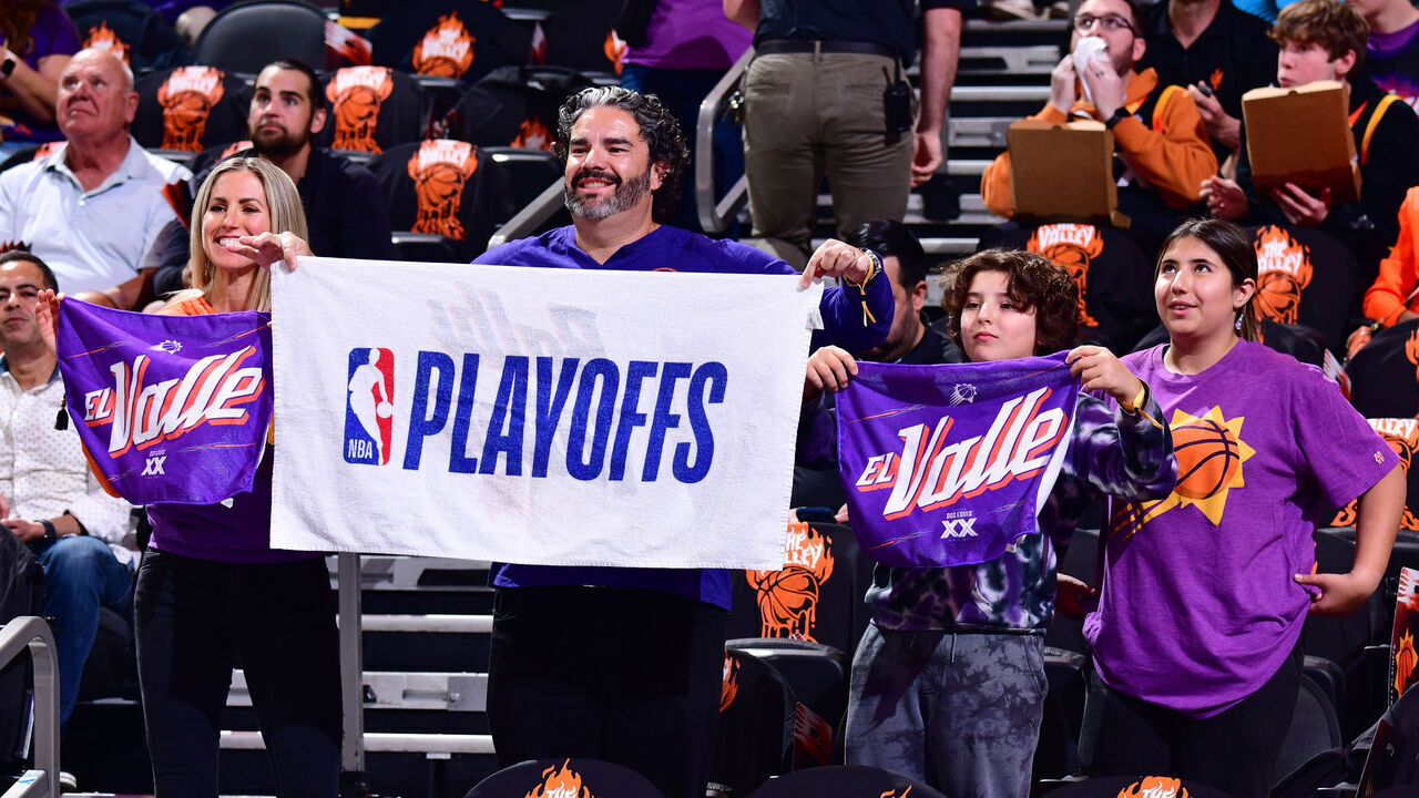 PHOENIX, AZ - APRIL 16: NBA Fans hold up signs during round one game one of the 2023 NBA Playoffs on April 16, 2023 at Footprint Center in Phoenix, Arizona. Mandatory Copyright Notice: Copyright 2023 NBAE