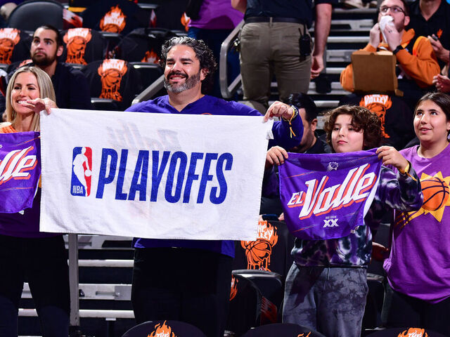 PHOENIX, AZ - APRIL 16: NBA Fans hold up signs during round one game one of the 2023 NBA Playoffs on April 16, 2023 at Footprint Center in Phoenix, Arizona. Mandatory Copyright Notice: Copyright 2023 NBAE