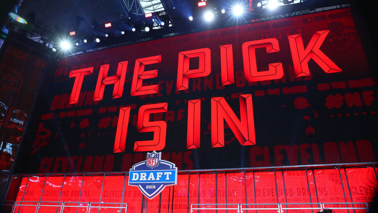 ARLINGTON, TX - APRIL 26: The Pick is In logo on the video board during the first round at the 2018 NFL Draft at AT&T Stadium on April 26, 2018 at AT&T Stadium in Arlington Texas.
