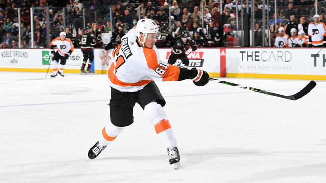 TEMPE, ARIZONA - DECEMBER 11: Justin Braun #61 of the Philadelphia Flyers shoots the puck against the Arizona Coyotes at Mullett Arena on December 11, 2022 in Tempe, Arizona.
