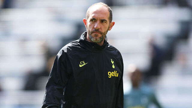 NEWCASTLE UPON TYNE, ENGLAND - APRIL 23: Cristian Stellini, Interim Manager of Tottenham Hotspur, inspects the pitch prior to the Premier League match between Newcastle United and Tottenham Hotspur at St. James Park on April 23, 2023 in Newcastle upon Tyne, England.