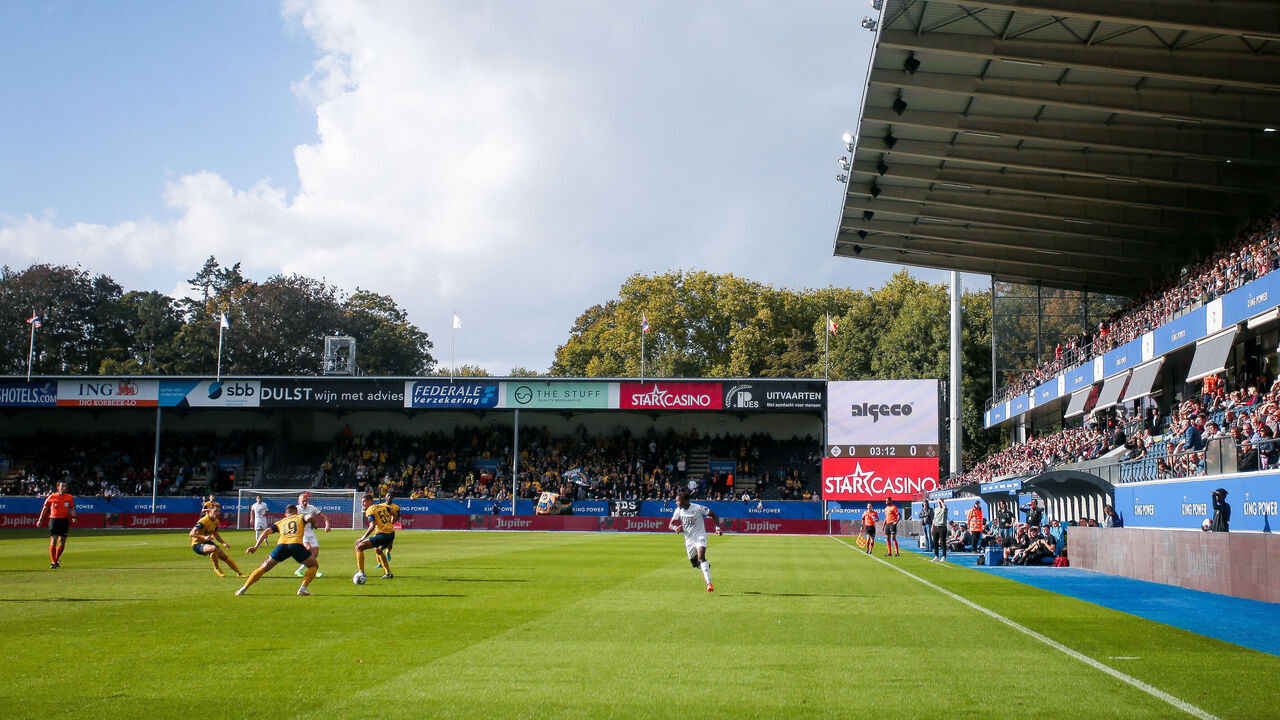 HEVERLEE, BELGIUM - OCTOBER 01: General view of the King Power at den dreef Stadion and the Algeco scoreboard during the Jupiler Pro League match between OH Leuven and Royale Union Saint-Gilloise at the King Power at Den Dreef Stadion on October 1, 2022 in Heverlee, Belgium.