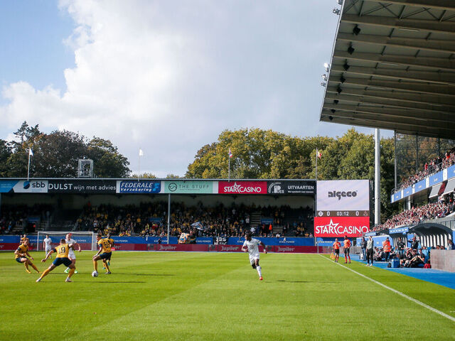 HEVERLEE, BELGIUM - OCTOBER 01: General view of the King Power at den dreef Stadion and the Algeco scoreboard during the Jupiler Pro League match between OH Leuven and Royale Union Saint-Gilloise at the King Power at Den Dreef Stadion on October 1, 2022 in Heverlee, Belgium.