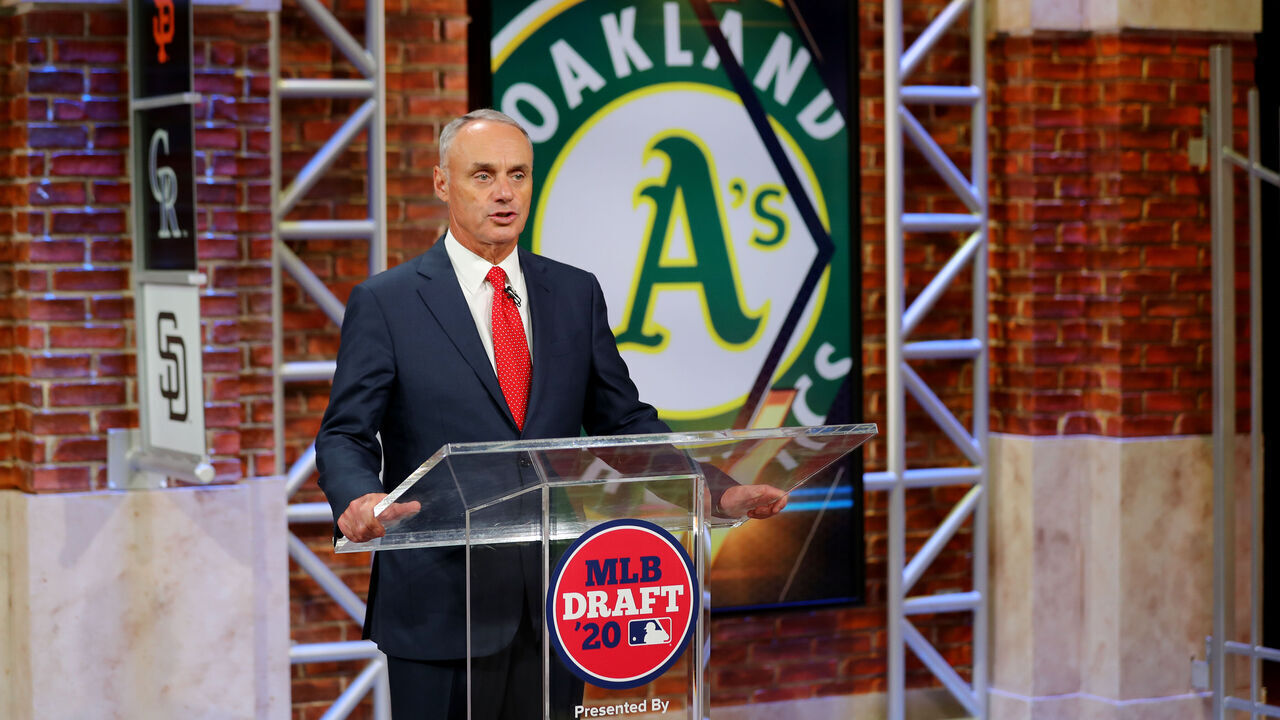 SECAUCUS, NJ - JUNE 10: Major League Baseball Commissioner Robert D. Manfred Jr. announces the 26th pick of the 2020 MLB Draft is Tyler Soderstrom by the Oakland Athletics during the 2020 Major League Baseball Draft at MLB Network on Wednesday, June 10, 2020 in Secaucus, New Jersey.