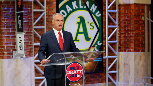 SECAUCUS, NJ - JUNE 10: Major League Baseball Commissioner Robert D. Manfred Jr. announces the 26th pick of the 2020 MLB Draft is Tyler Soderstrom by the Oakland Athletics during the 2020 Major League Baseball Draft at MLB Network on Wednesday, June 10, 2020 in Secaucus, New Jersey.