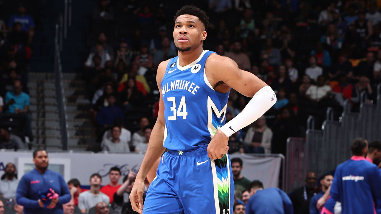 WASHINGTON, DC - APRIL 4: Giannis Antetokounmpo #34 of the Milwaukee Bucks looks on during the game against the Washington Wizards on April 4, 2023 at Capital One Arena in Washington, DC. Mandatory Copyright Notice: Copyright 2023 NBAE