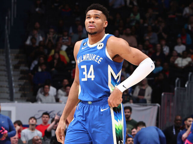 WASHINGTON, DC - APRIL 4: Giannis Antetokounmpo #34 of the Milwaukee Bucks looks on during the game against the Washington Wizards on April 4, 2023 at Capital One Arena in Washington, DC. Mandatory Copyright Notice: Copyright 2023 NBAE