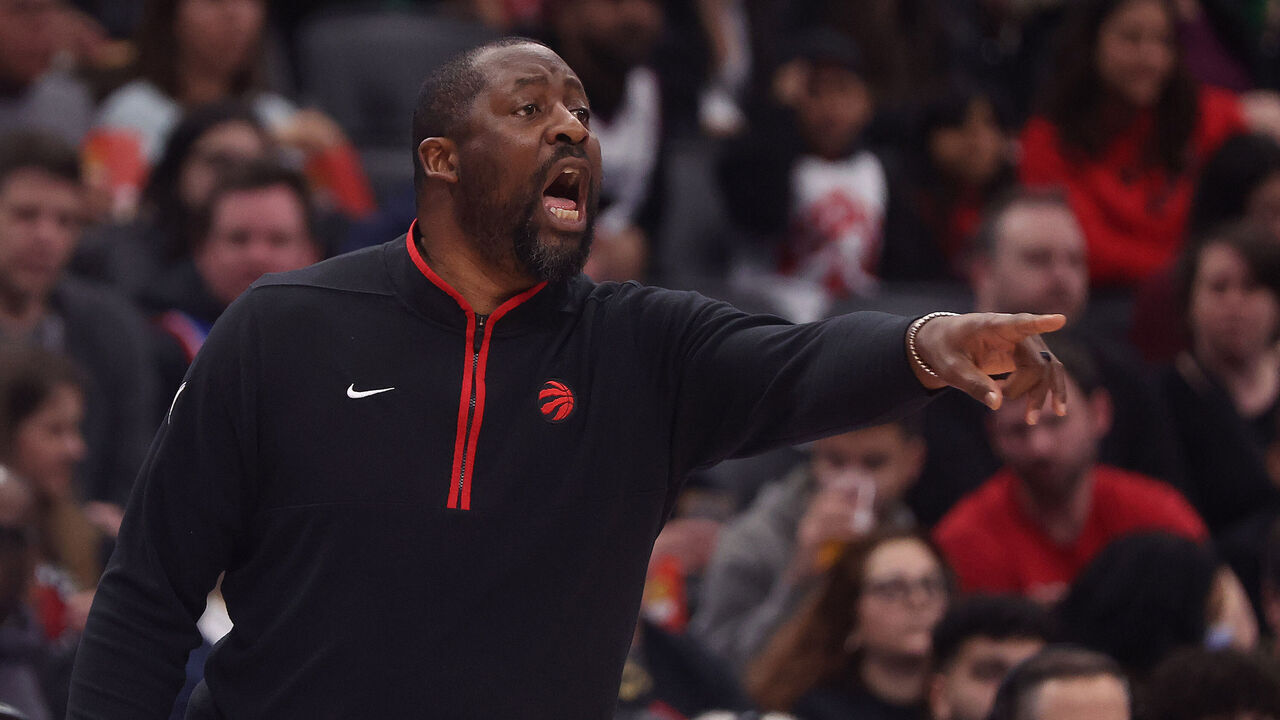 TORONTO, ON- FEBRUARY 12 - Adrian Griffin takes over the bench for Nick Nurse who is out for the game as the Toronto Raptors play the Detroit Pistons at Scotiabank Arena in Toronto. February 12, 2023. (Steve Russell/Toronto Star via Getty Images)