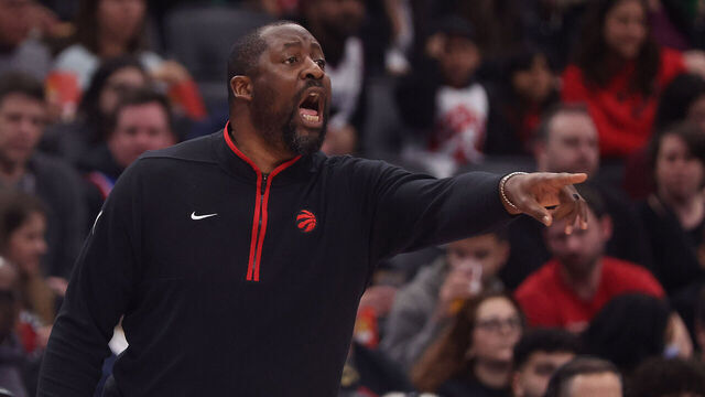 TORONTO, ON- FEBRUARY 12 - Adrian Griffin takes over the bench for Nick Nurse who is out for the game as the Toronto Raptors play the Detroit Pistons at Scotiabank Arena in Toronto. February 12, 2023. (Steve Russell/Toronto Star via Getty Images)