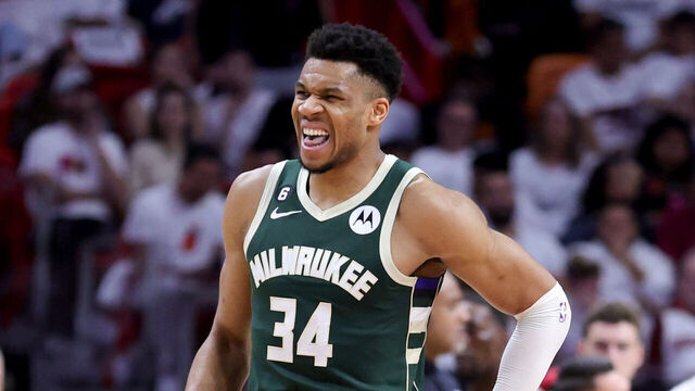 MIAMI, FLORIDA - APRIL 24: Giannis Antetokounmpo #34 of the Milwaukee Bucks reacts during the second quarter against the Miami Heat in Game Four of the Eastern Conference First Round Playoffs at Kaseya Center on April 24, 2023 in Miami, Florida.