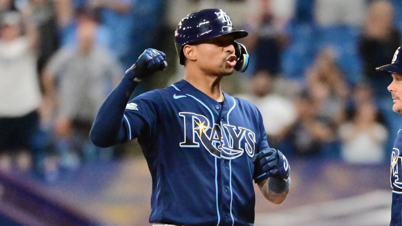 ST PETERSBURG, FLORIDA - APRIL 24: Christian Bethancourt #14 of the Tampa Bay Rays reacts after hitting a two-RBI single in the third inning against the Houston Astros at Tropicana Field on April 24, 2023 in St Petersburg, Florida.