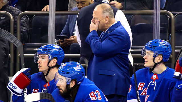 NEW YORK, NY - MARCH 14: New York Rangers Head Coach Gerard Gallant is pictured during the National Hockey League game between the Washington Capitals and the New York Rangers on March 14, 2023 at Madison Square Garden in New York, NY.