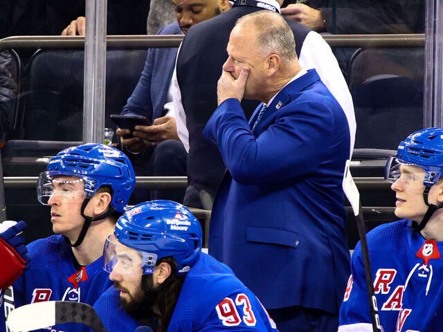 NEW YORK, NY - MARCH 14: New York Rangers Head Coach Gerard Gallant is pictured during the National Hockey League game between the Washington Capitals and the New York Rangers on March 14, 2023 at Madison Square Garden in New York, NY.