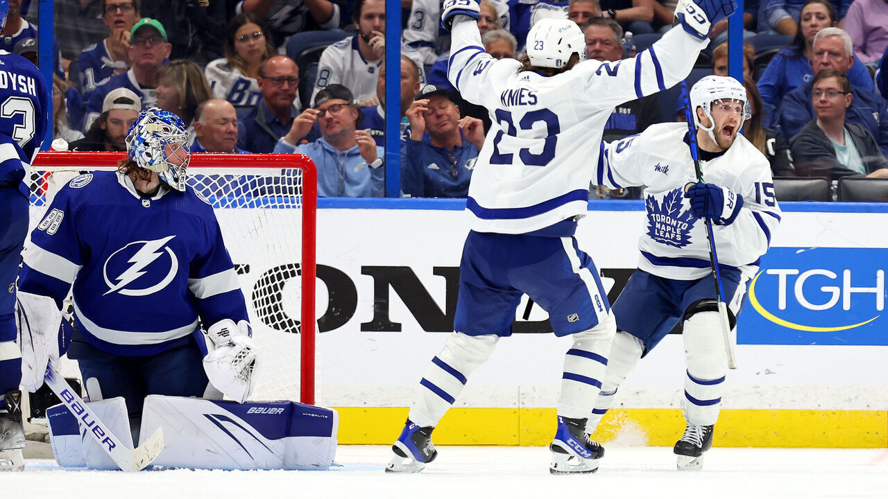 TAMPA, FLORIDA - APRIL 24: Alexander Kerfoot #15 of the Toronto Maple Leafs celebrates a goal in overtime to win Game Four of the First Round of the 2023 Stanley Cup Playoffs against the Tampa Bay Lightning at Amalie Arena on April 24, 2023 in Tampa, Florida.