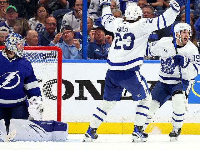 TAMPA, FLORIDA - APRIL 24: Alexander Kerfoot #15 of the Toronto Maple Leafs celebrates a goal in overtime to win Game Four of the First Round of the 2023 Stanley Cup Playoffs against the Tampa Bay Lightning at Amalie Arena on April 24, 2023 in Tampa, Florida.