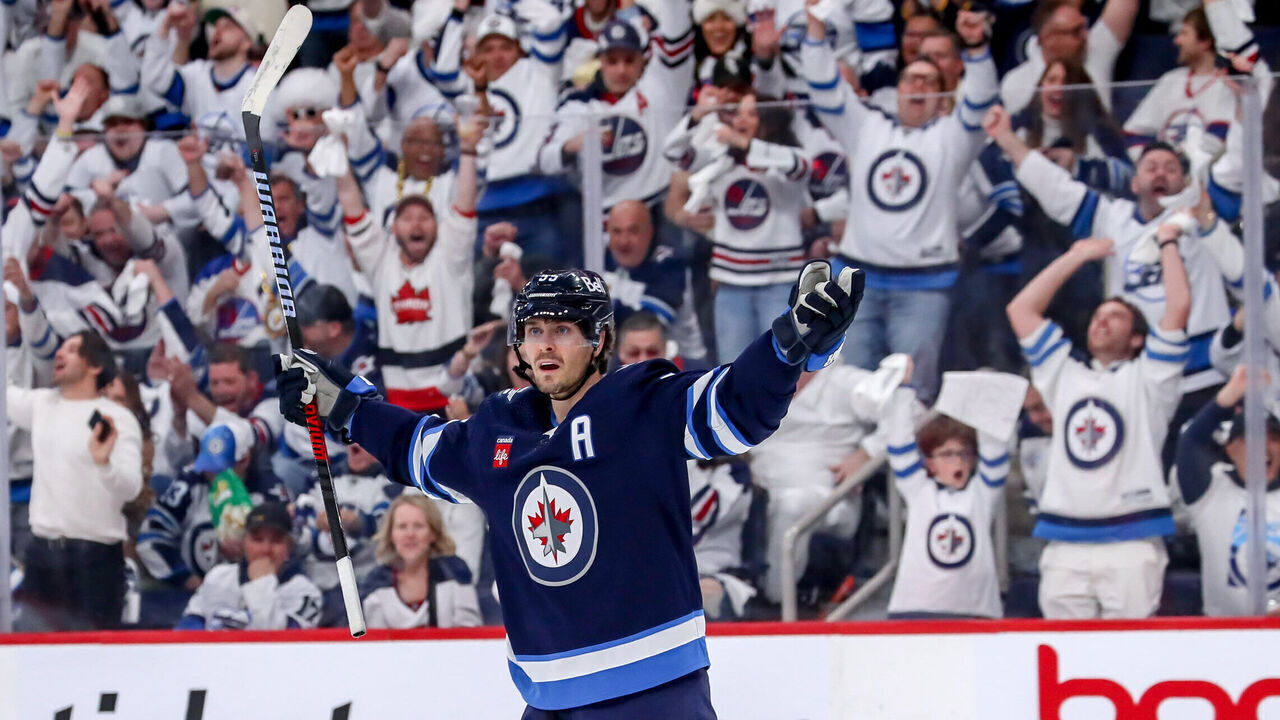 WINNIPEG, CANADA - APRIL 22: Mark Scheifele #55 of the Winnipeg Jets celebrates after scoring a third period goal against the Vegas Golden Knights in Game Three of the First Round of the 2023 Stanley Cup Playoffs at the Canada Life Centre on April 22, 2023 in Winnipeg, Manitoba, Canada.