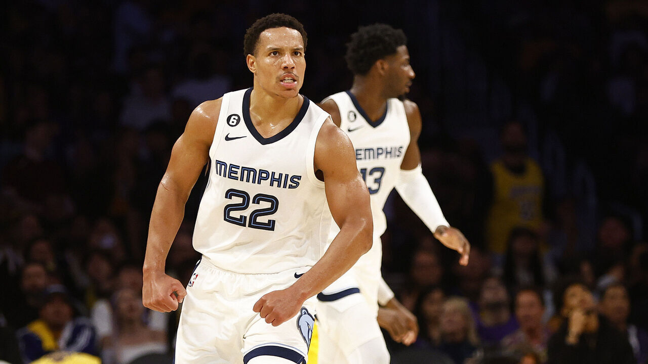 LOS ANGELES, CALIFORNIA - APRIL 24: Desmond Bane #22 of the Memphis Grizzlies reacts after a three-point shot against the Los Angeles Lakers in the first half of Game Four of the Western Conference First Round Playoffs at Crypto.com Arena on April 24, 2023 in Los Angeles, California. NOTE TO USER: User expressly acknowledges and agrees that, by downloading and/or using this photograph, user is consenting to the terms and conditions of the Getty Images License Agreement.