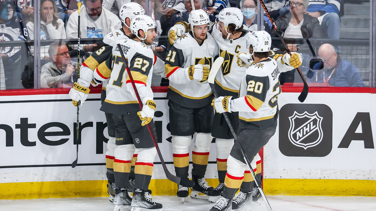 WINNIPEG, CANADA - APRIL 24: Brayden McNabb #3, Shea Theodore #27, Brett Howden #21, Mark Stone #61 and Chandler Stephenson #20 of the Vegas Golden Knights celebrate a first period goal against the Winnipeg Jets in Game Four of the First Round of the 2023 Stanley Cup Playoffs at the Canada Life Centre on April 24, 2023 in Winnipeg, Manitoba, Canada.