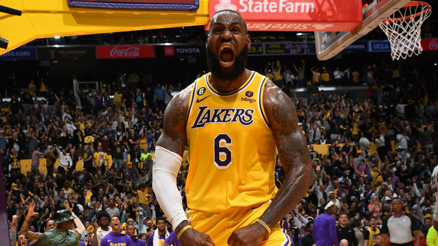 LOS ANGELES, CA - APRIL 24: LeBron James #6 of the Los Angeles Lakers celebrates during Round One Game Four of the 2023 NBA Playoffs against the Memphis Grizzlies on April 24, 2023 at Crypto.Com Arena in Los Angeles, California. NOTE TO USER: User expressly acknowledges and agrees that, by downloading and/or using this Photograph, user is consenting to the terms and conditions of the Getty Images License Agreement. Mandatory Copyright Notice: Copyright 2023 NBAE