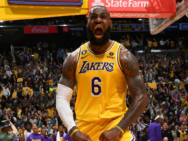 LOS ANGELES, CA - APRIL 24: LeBron James #6 of the Los Angeles Lakers celebrates during Round One Game Four of the 2023 NBA Playoffs against the Memphis Grizzlies on April 24, 2023 at Crypto.Com Arena in Los Angeles, California. NOTE TO USER: User expressly acknowledges and agrees that, by downloading and/or using this Photograph, user is consenting to the terms and conditions of the Getty Images License Agreement. Mandatory Copyright Notice: Copyright 2023 NBAE