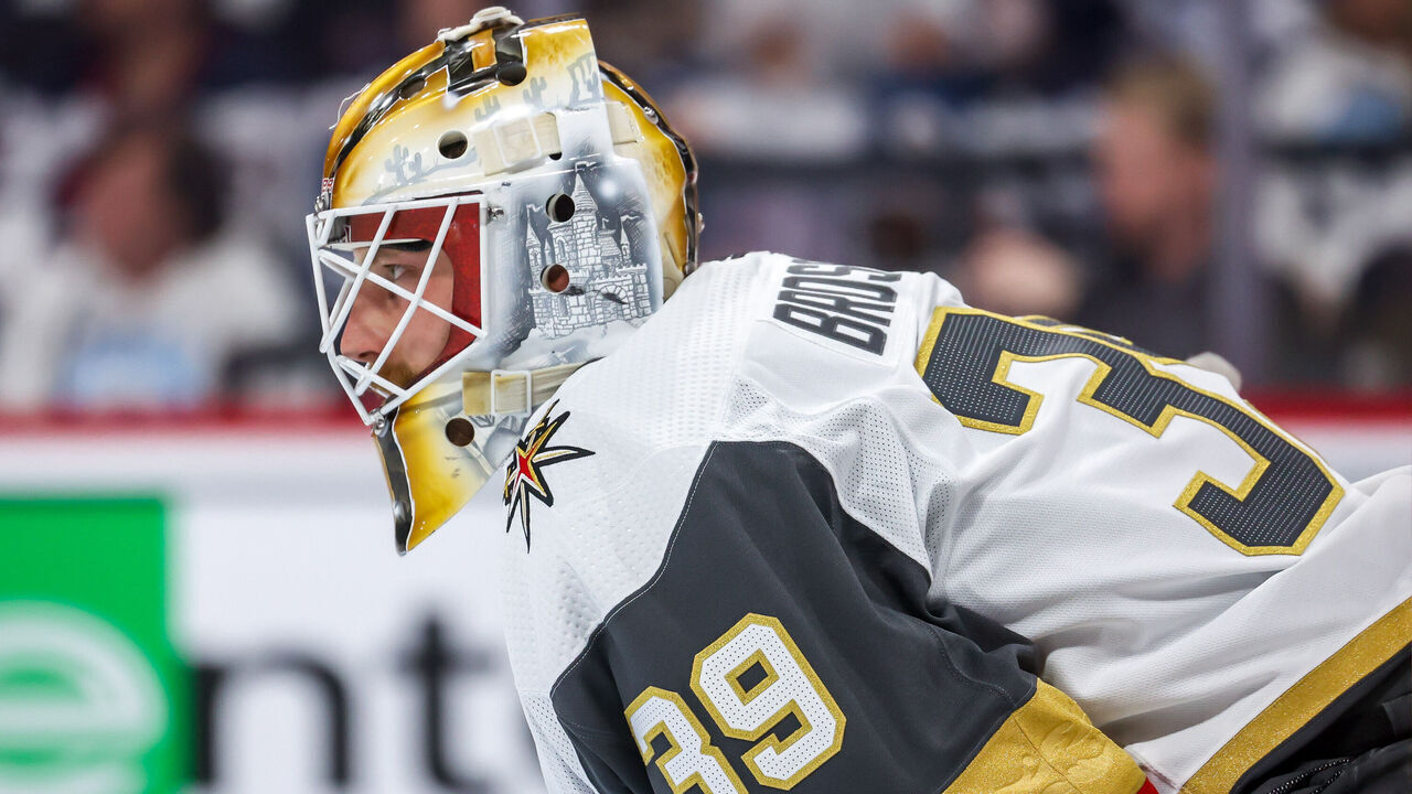 WINNIPEG, CANADA - APRIL 24: Goaltender Laurent Brossoit #39 of the Vegas Golden Knights looks on during second period action against the Winnipeg Jets in Game Four of the First Round of the 2023 Stanley Cup Playoffs at the Canada Life Centre on April 24, 2023 in Winnipeg, Manitoba, Canada.