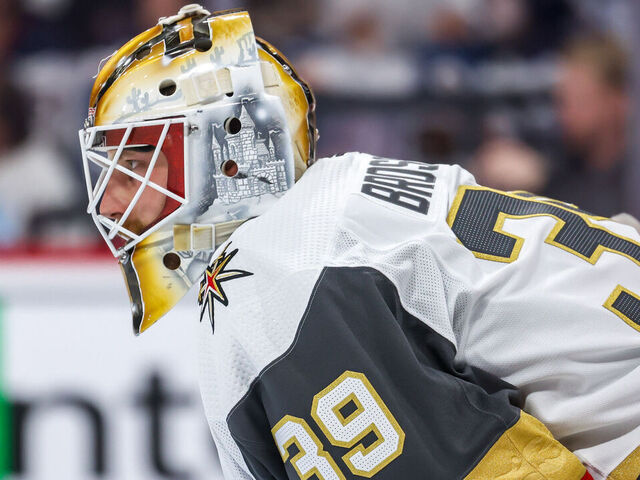 WINNIPEG, CANADA - APRIL 24: Goaltender Laurent Brossoit #39 of the Vegas Golden Knights looks on during second period action against the Winnipeg Jets in Game Four of the First Round of the 2023 Stanley Cup Playoffs at the Canada Life Centre on April 24, 2023 in Winnipeg, Manitoba, Canada.