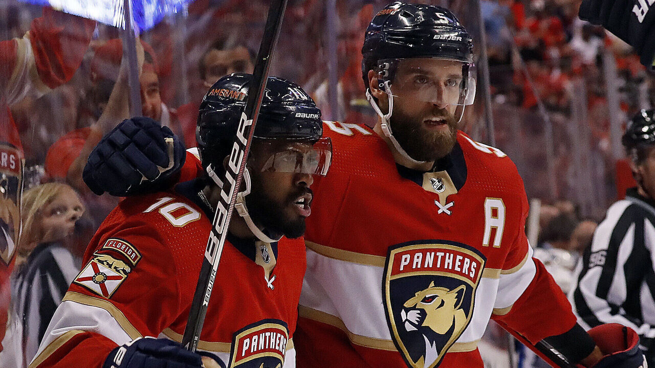SUNRISE, FL - MAY 17: Anthony Duclair #10 of the Florida Panthers celebrates his goal with teammate Aaron Ekblad #5 against the Tampa Bay Lightning in Game One of the Second Round of the 2022 Stanley Cup Playoffs at the FLA Live Arena on May 17, 2022 in Sunrise, Florida.