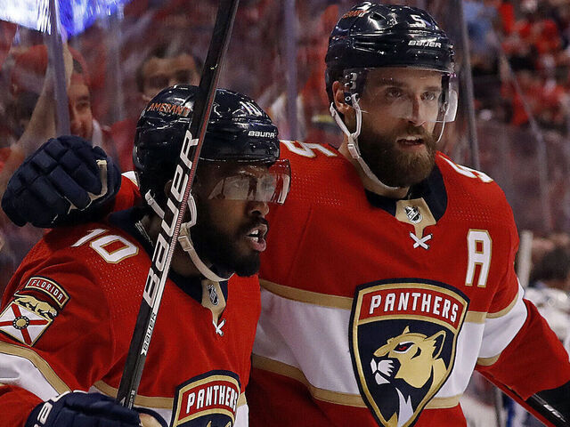 SUNRISE, FL - MAY 17: Anthony Duclair #10 of the Florida Panthers celebrates his goal with teammate Aaron Ekblad #5 against the Tampa Bay Lightning in Game One of the Second Round of the 2022 Stanley Cup Playoffs at the FLA Live Arena on May 17, 2022 in Sunrise, Florida.