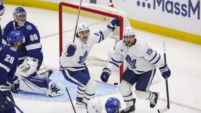 TAMPA, FL - APRIL 24: Alexander Kerfoot #15 of the Toronto Maple Leafs celebrates the game winning goal against the Tampa Bay Lightning during overtime in Game Four of the First Round of the 2023 Stanley Cup Playoffs at Amalie Arena on April 24, 2023 in Tampa, Florida.