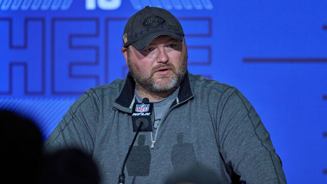 INDIANAPOLIS, IN - MARCH 02: New York Jets general manager Joe Douglas answers questions from the media during the NFL Scouting Combine on March 2, 2022, at the Indiana Convention Center in Indianapolis, IN.