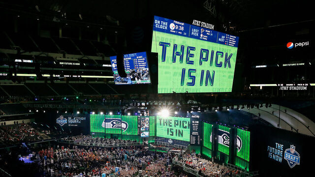 ARLINGTON, TX - APRIL 26: A video board displays the text "THE PICK IS IN" for the Seattle Seahawks during the first round of the 2018 NFL Draft at AT&T Stadium on April 26, 2018 in Arlington, Texas.