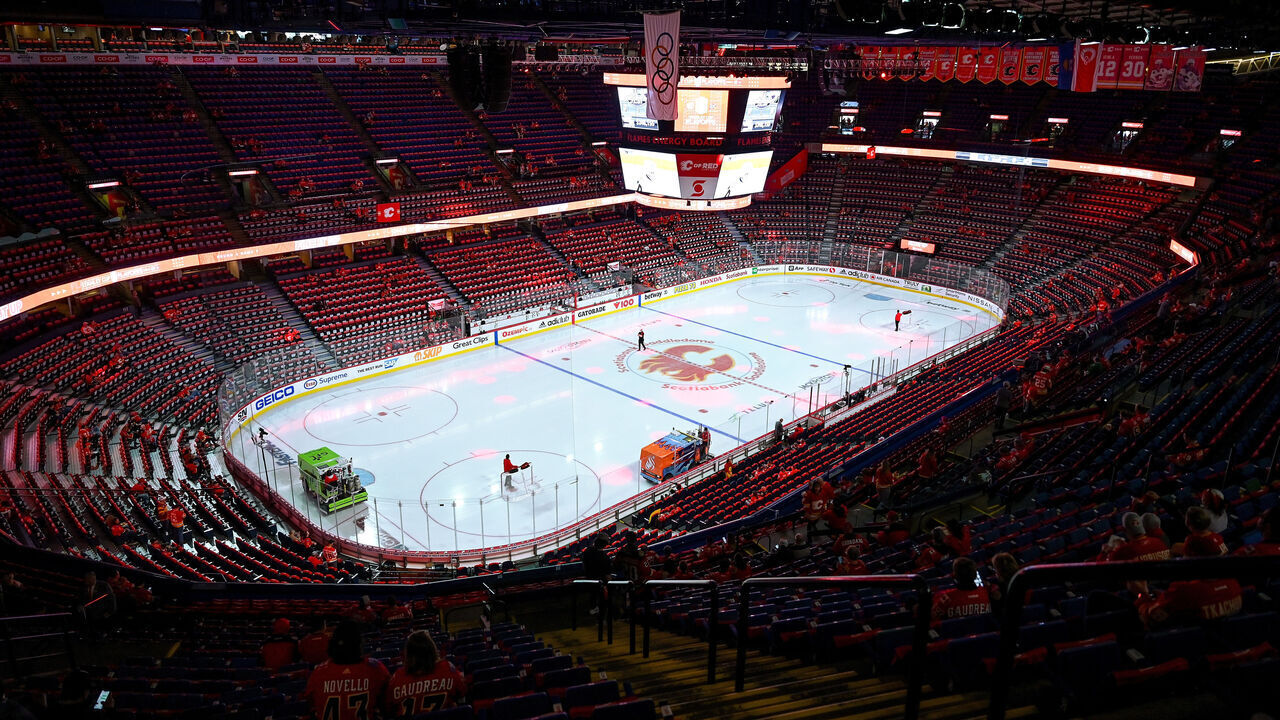 CALGARY, AB - MAY 15: A general view of the arena before game 7 of the first round of the NHL Stanley Cup Playoffs between the Calgary Flames and the Dallas Stars on May 15, 2022, at the Scotiabank Saddledome in Calgary, AB.